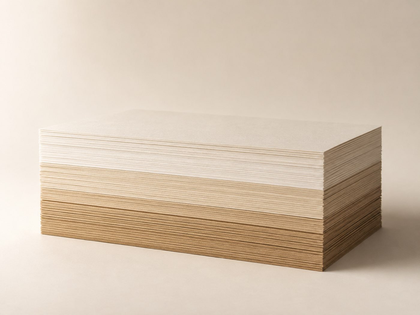 Stack of dry pulp sheets grading from bleached white to unbleached kraft